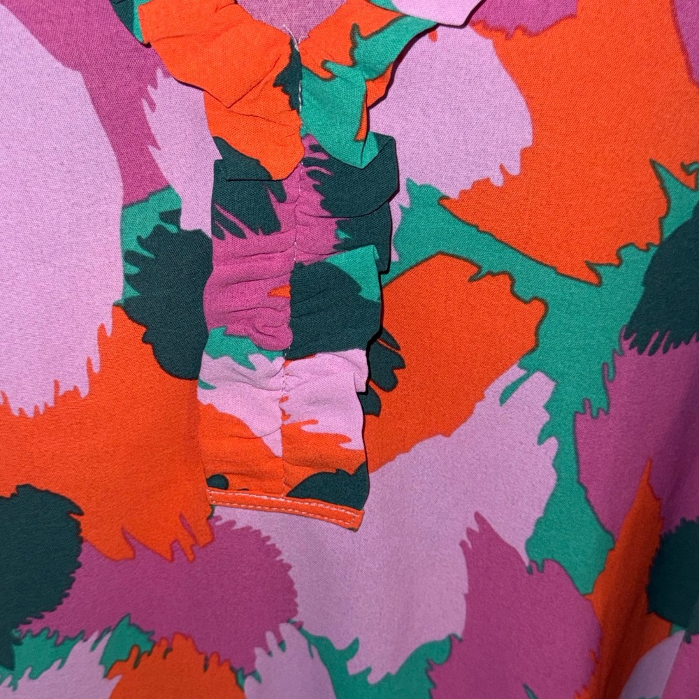 Michelle McDowell Abstract Print Ruffle V-Neck Blouse Multicolor Long Sleeve M - Picture 3 of 3